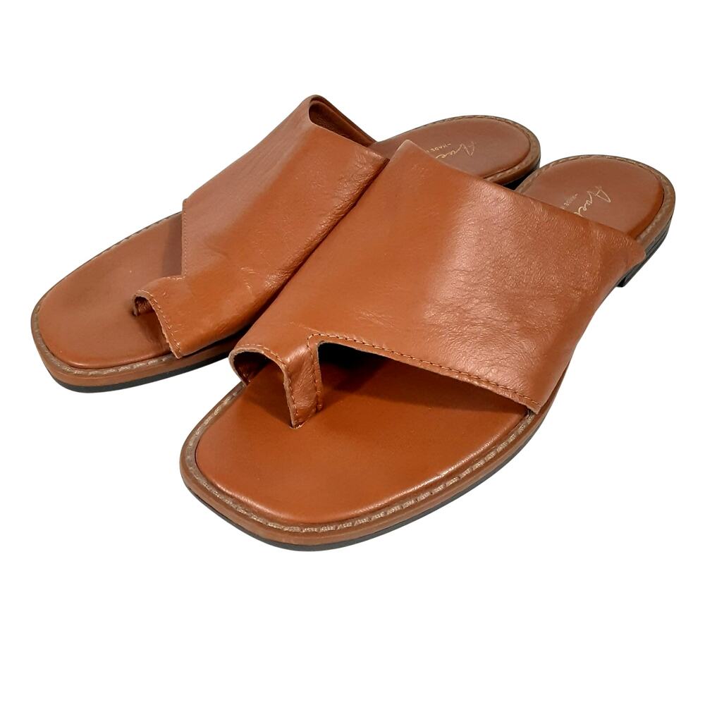 Avellini Leather Toe Loop Sandals Brown Slide Slip On Sz 8 Boho Minimalist Flat